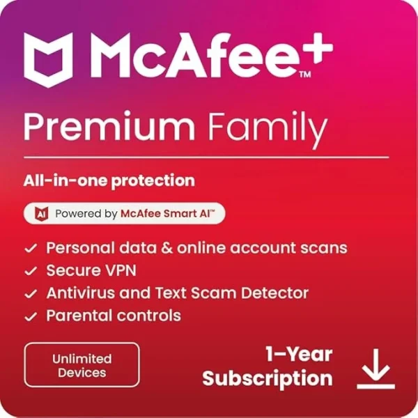 McAfee+ Premium Family Unlimited Devices 2025 Ready | Cybersecurity Software Includes Antivirus, Secure VPN, Password Manager, Identity Monitoring, Parental Controls | Download