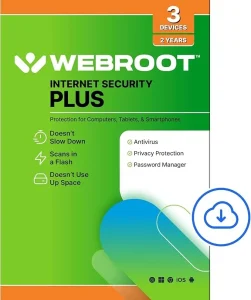 Webroot Internet Security Plus | Antivirus Software 2025 | 3 Device | 2 Year Download for PC/Mac/Chromebook/Android/IOS + Password Manager