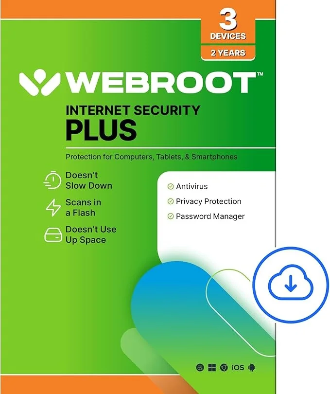 Webroot Internet Security Plus | Antivirus Software 2025 | 3 Device | 2 Year Download for PC/Mac/Chromebook/Android/IOS + Password Manager