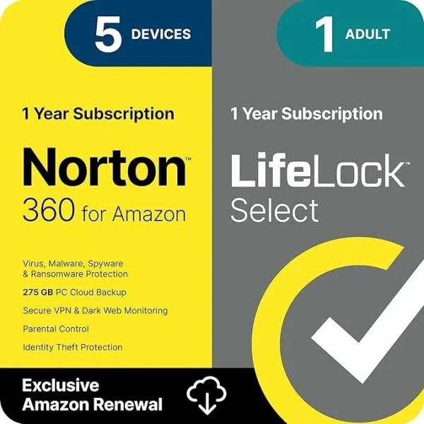 Norton 360 with LifeLock Select Bundle, 1 Year Subscription - 5 Devices - All-in-One Protection for your Devices, Online Privacy, and Identity, Activation Required [Subscription]