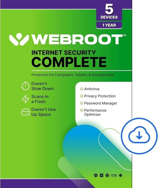 Webroot Internet Security Complete | Antivirus Software 2025 | 5 Device | 1 Year Download for PC/Mac/Chromebook/Android/IOS + Password Manager, Performance Optimizer and Cloud Backup
