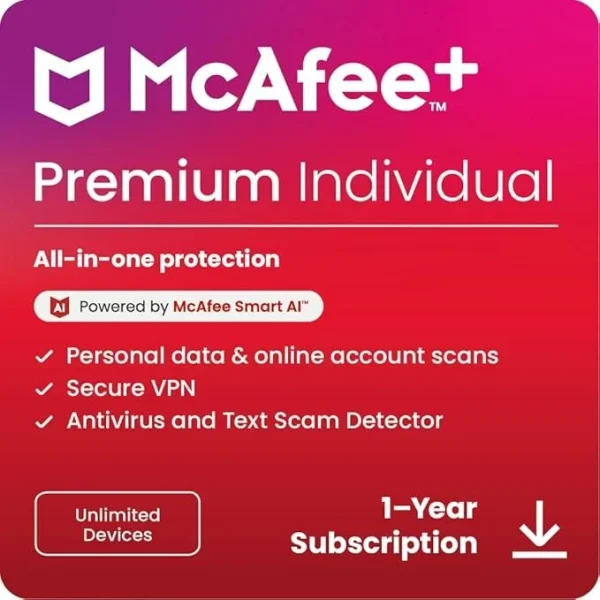 McAfee+ Premium Individual Unlimited Devices 2025 Ready | Cybersecurity Software Includes Antivirus, Secure VPN, Password Manager, Identity Monitoring | Download